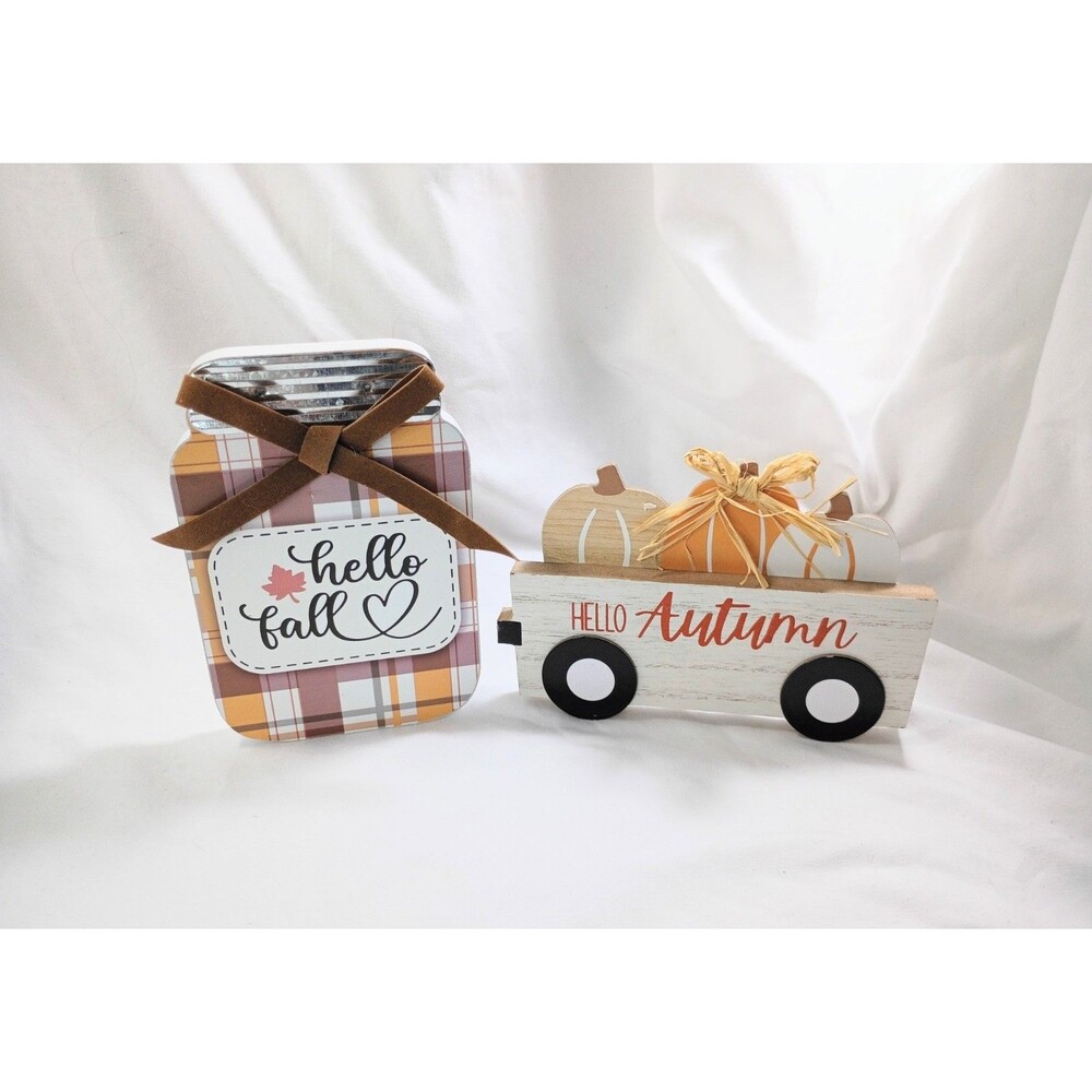 Lot of 2 MDF Fall Decor - Jar And Wagon with Pumpkins